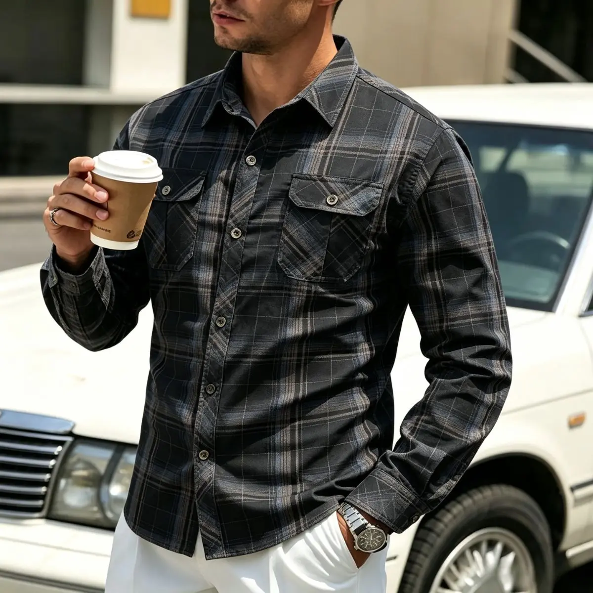 Men’s vintage plaid long-sleeve shirt jacket with notched lapel and two chest pockets, lightweight workwear casual plaid shirt outerwear. Chinos Classic