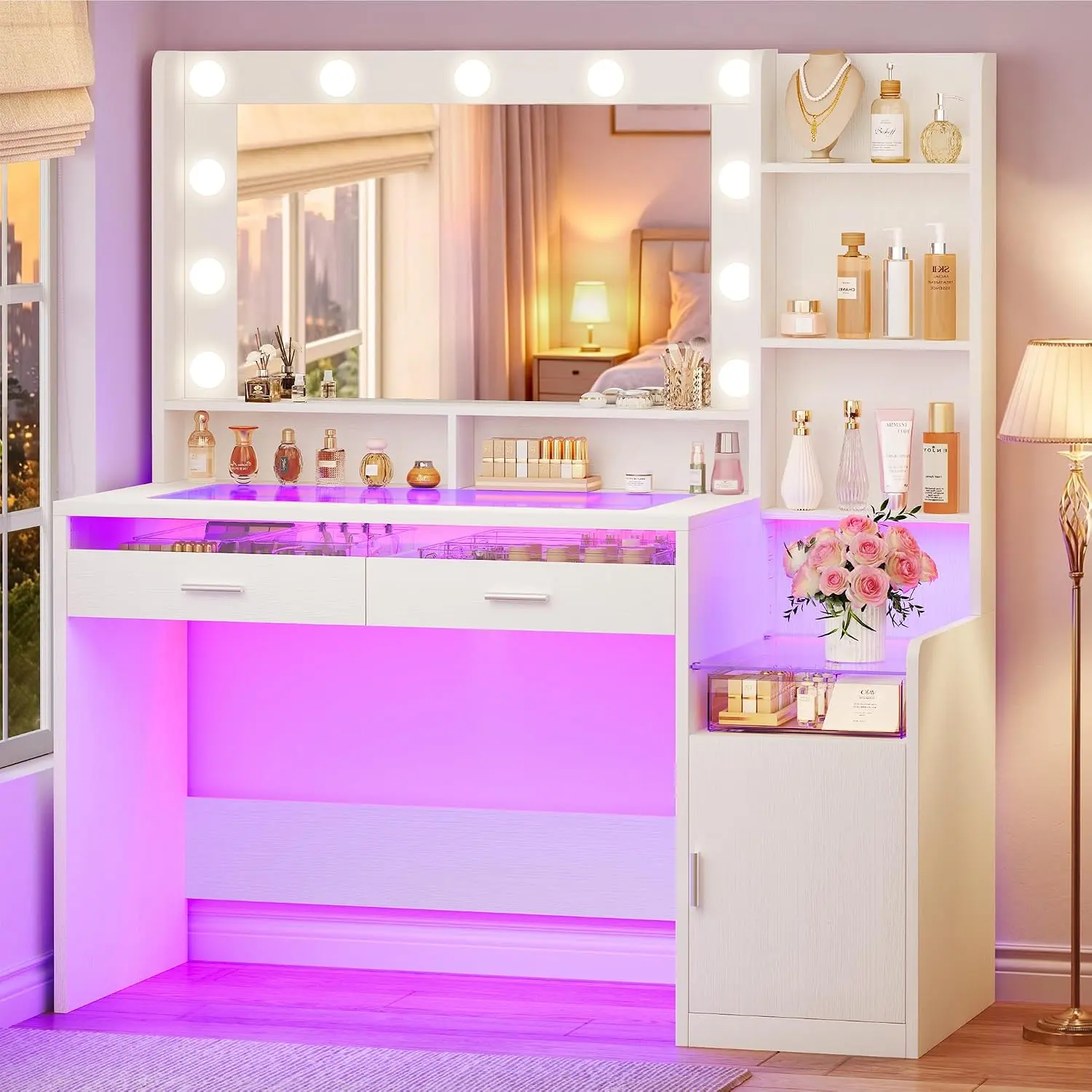 Vanity Desk with Mirror and Lights, Makeup Vanity with Glass Top and RGB Lighting, White Vanity Set with Transparent Drawers, Open Shelves, Cabinet & Power Outlet for Bedroom Dressing Room