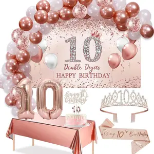 10th Birthday Decorative Balloon Set Girls Arch, Rose Gold 10th Birthday Banner and Party Tablecloth, Belt and Tiara, Pink Gold 10th Balloon, Pink Birthday Cake Top, Latex Balloon * 60