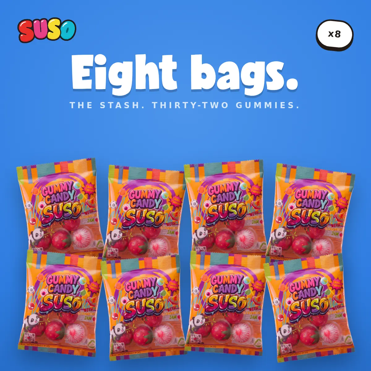 SUSO 8 Pack Gummy Candy with Strawberry Jam Center, Squeeze & Pop Shell, Mixed Fruit Flavors, Halal, 4 Individually Wrapped Pieces (72g) Snack Snack Snack sweet
