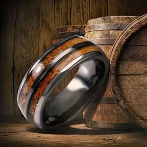 Mens Stainless Steel Ring - Wood Grain Inlaid - Size 7-13 Available