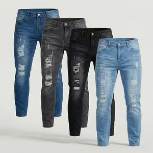 Men's Casual Slim Fit Distressed Denim Pants Menswear Basic with Medium Elasticity & Medium Weight Soft Comfortable Low Rise Solid Color High Street Jeans for Streetwear