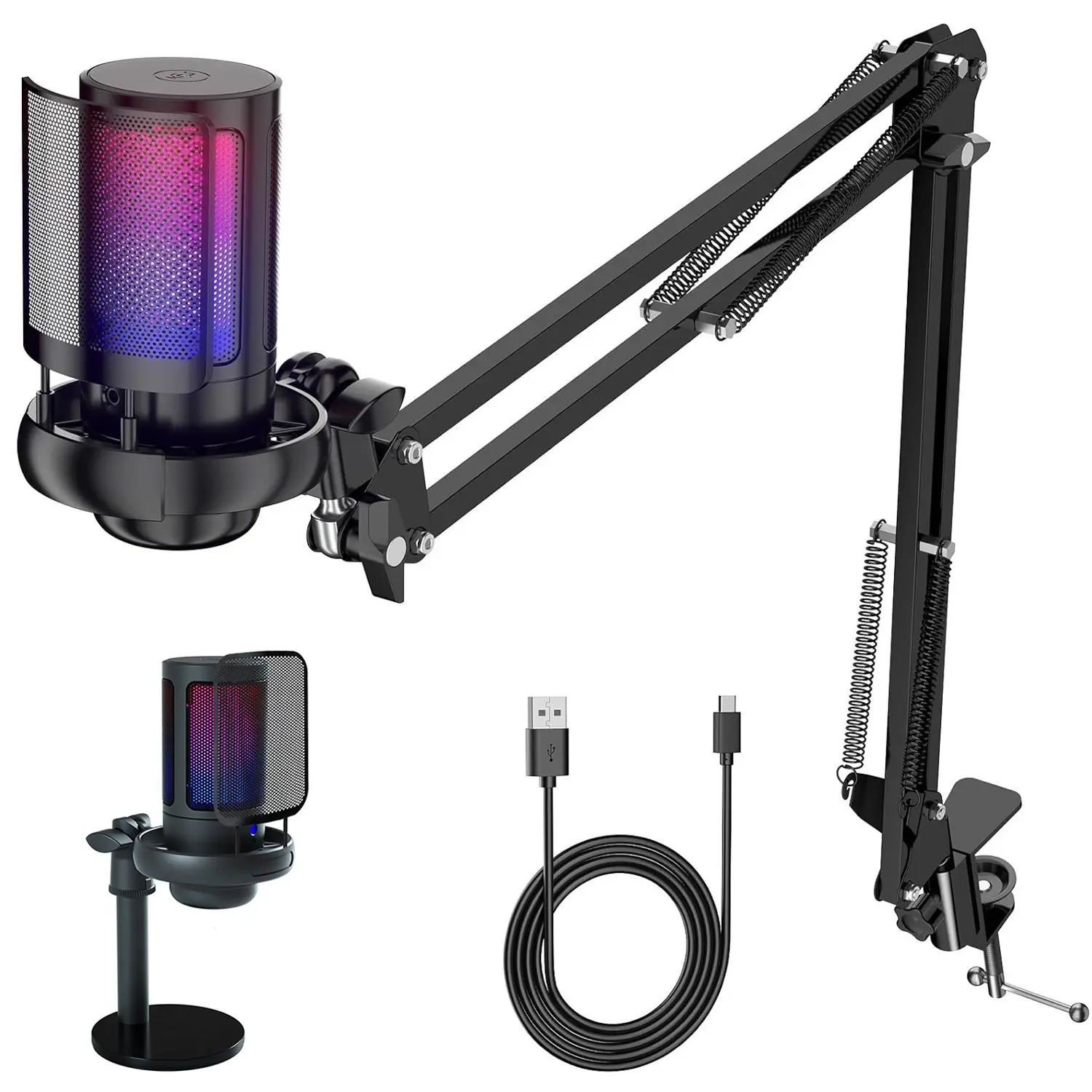 RGB USB gaming Audio microphone, Desktop audio mic, suitable for PC, laptops, PS4/5, featuring condenser microphone, one-button mute, rotatable control, shock mount, pop filter, and RGB Lighting, ideal for live streaming, podcasting, video recording