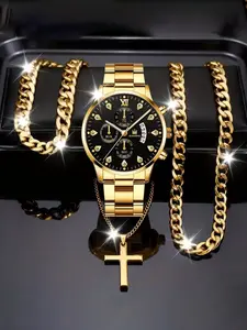 4pcs Men's Watch Set, Quartz Watch + Necklace + Bracelet, High-Quality Fashion Gift for Him, Perfect for All Occasions