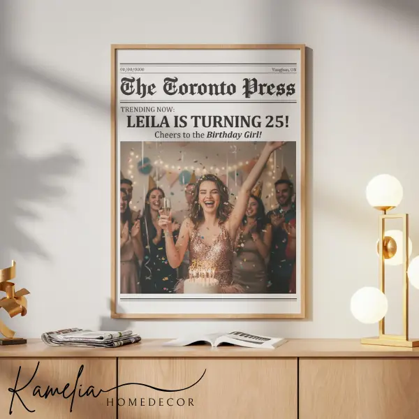 Personalized Newspaper Photo Unframed Poster, Birthday Girl Wall Art, Custom Birthday Gift, Wedding Gift Print, Vintage News Wall Decor, Personalized Photo Print