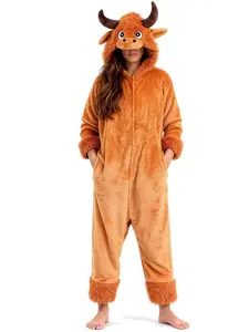 Highland Cow Onesie Pajamas, Unisex Animal Costume, Halloween Sleepwear for Women Men Loungewear Fluffy Fabric