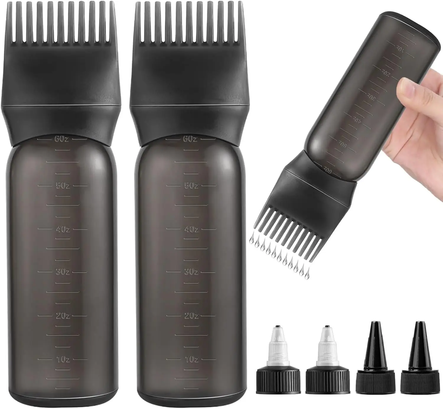 2 Pack Root Comb Applicator Bottle Hair Oil Applicator Hair Color Bottle with 4 Caps for Women Scalp Hair Dye Tools, Black