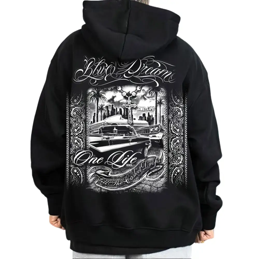 Men's Oversized Loose Blue Dream Hoodie - Chicano Cholo Streetwear, Graphic Tops, Lowrider Menswear, Unisex Cotton Fabric, Gangster Style Men's Gifts