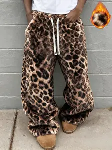 Men's Leopard Print Faux Fur Casual Fashion Loose Long Pants, Comfortable Y2K Plush Pants, Drawstring Waist, Vintage Animal Pattern, Winter Home Wear, Casual Lounge Pants