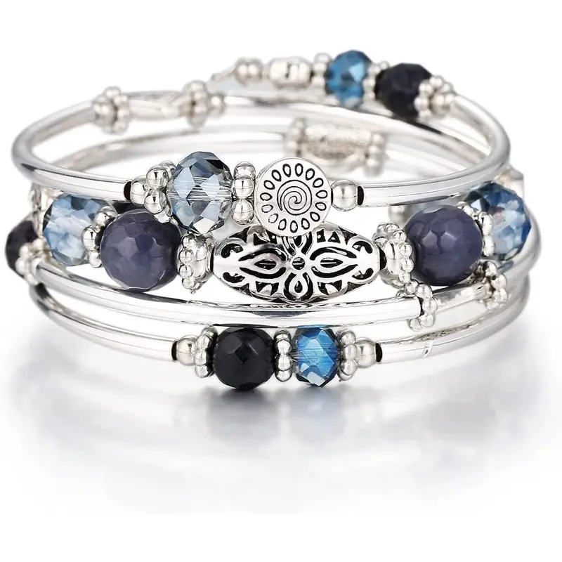 Boho Beaded Bracelets for Women, Silver Layered Wrap Style with Faceted Crystal, Adjustable Dainty Fashion Jewelry Gift, Fashionable Bracelet Style, Bracelets Stack