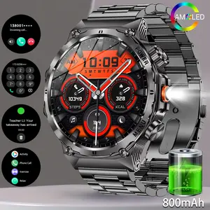 CONAR men's military smartwatch, equipped with an 800mAh battery, answering/dialing/fitness tracker/flashlight/heart rate monitoring/sleep monitoring /100+ sports modes, 1.7-inch water-resistant smartwatch, compatible with Android /iPhone black