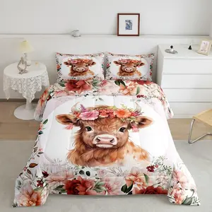 Cute Highland Cow Comforter Set,Cartoon Animal Comforter,Flower Floral Print Luxury Bedding Set,Farm Zoo Garden Theme Comfortable Bedding