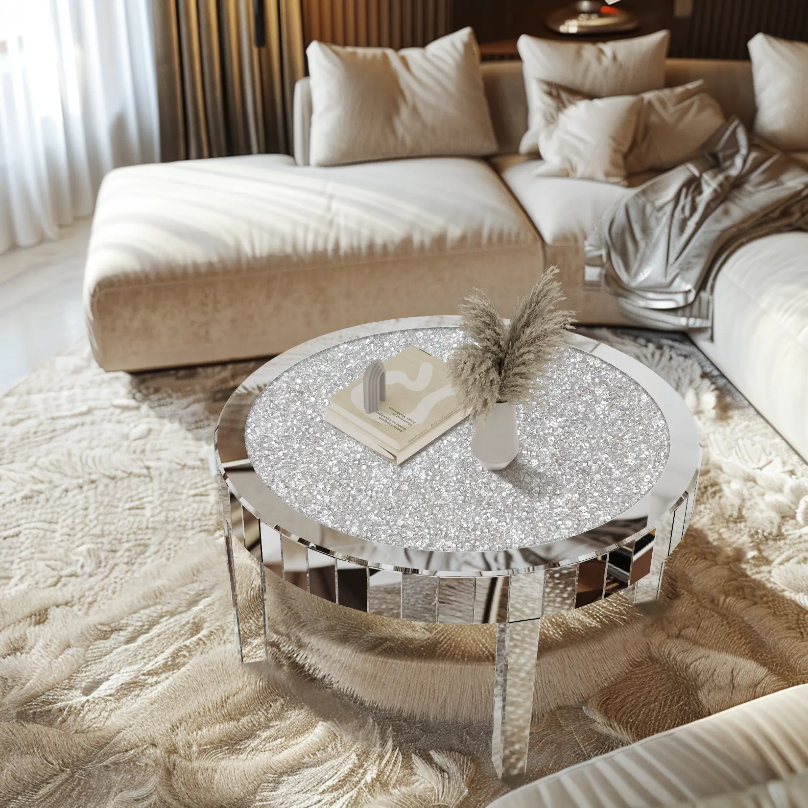 Modern Center Table - Mirrored Diamond Surface Glass Coffee Table, Beveled Edge Frame, Diamond Inlay, 80x46.5cm, MDF-Glass Build (60% MDF Board), Tapered Legs, 50kg Capacity, High-Definition Finish, Indoor Living Room House Decor, Requires Assembly