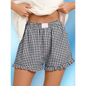 Women’s Gingham Plaid Ruffle Boxer Shorts – Elastic Waist, Casual Summer Lounge & Sleep Bottoms