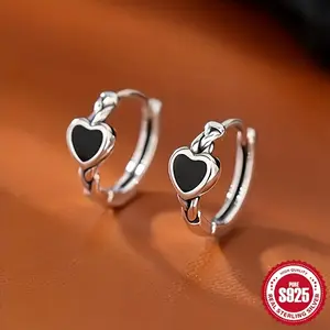 S925 Sterling Silver Hoop Earrings, Black Heart Design, Elegant and Sexy Style, Women's Party Earrings Jewelry Valentine's Day Gift 1.9g 0.067oz