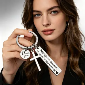 Drive Safe Keychain for Boyfriend Girlfriend, Spanish “Te Necesito Aquí Conmigo” Car Charm with Cross & I Love You Pendant, Romantic Christian Gift for Him Her, Stainless Steel Couple Keyring