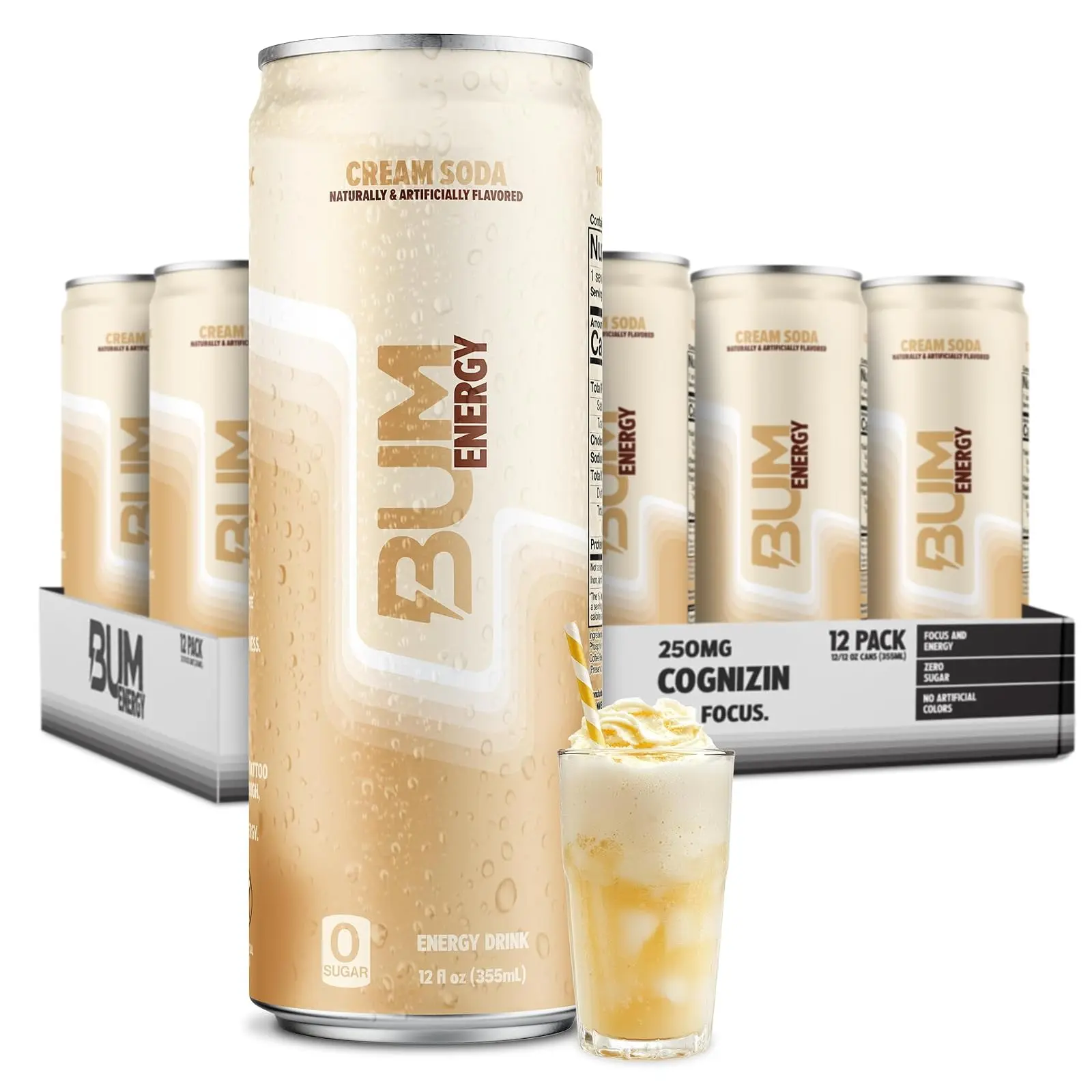 BUM Sugar-Free Energy Drink, Cream Soda - Lightly Carbonated & No Artificial Colors, Natural Caffeine & Citicoline for Energy & Focus, Brain Boost & Workout Sports Beverage - 12 oz, Pack of 12