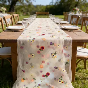 2-piece set, elegant light beige embroidered floral mesh, embroidered craftsmanship, perfect for decorating chair back straps/stage backgrounds/table flags/arches, suitable for wedding, party venue decoration, garden decoration, Set of two