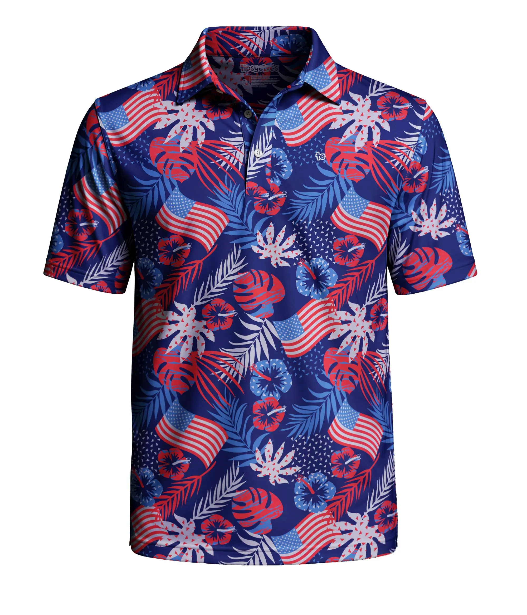 Men's Patriotic Paradise Performance Polo Shirt, Lightweight, Flowers Print, Hidden Golf Details, Keeps You Cool for Party Wear, Stars, Stripes, Florals, American Patriotic Design Polo Shirts, Sports, Watch Party, Regular