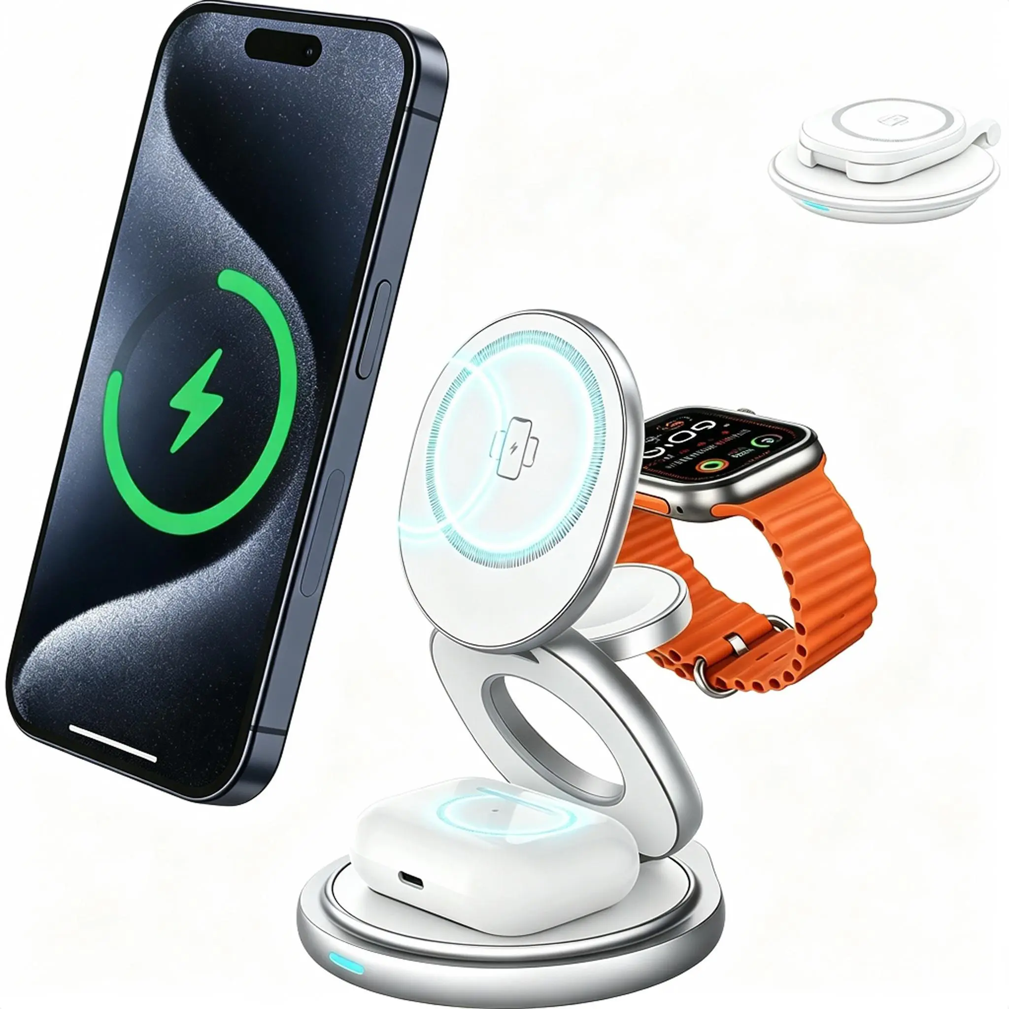 3-in-1 Foldable Magnetic Wireless Charging Station with 30W Fast Charging, 30W USB Type-C Charger, Magsafe Charging Pad for iPhone 16/15/14/13/12 Series, Smart Watch, Wireless Earbuds, Devices