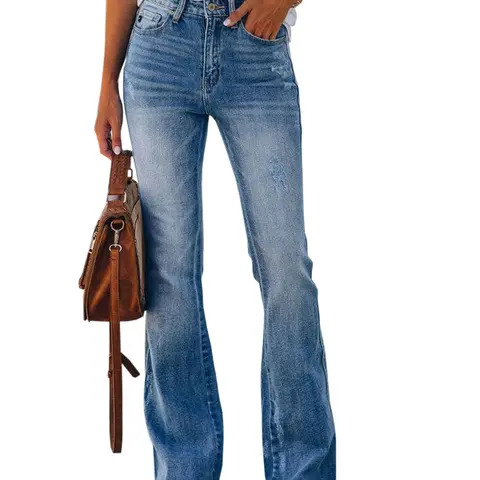 Women's High Waisted Western Distressed Flared Tummy Control Jeans - Soft Stretch Denim, Basic, Tummy Control, Bootcut, Casual Floor Length for Work, Beach