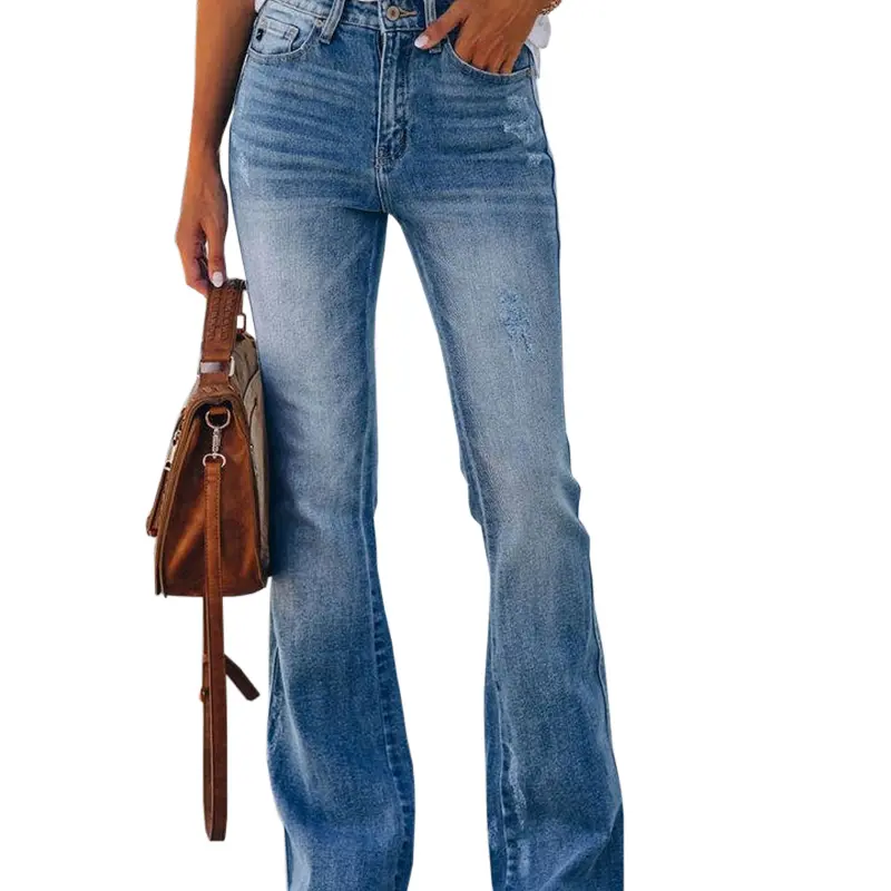 Women's High Waisted Western Distressed Flared Tummy Control Jeans - Soft Stretch Denim, Basic, Tummy Control, Bootcut, Casual Floor Length for Work, Beach