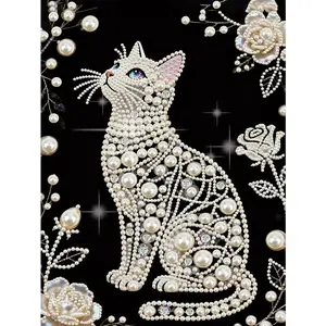 Cat Pattern Diamond Painting Kit (adult Version), Colorful Half Pearl Rhinestones, Handmade 15.7x11.8 Inch Canvas Art, Home Wall Decor, Kitty, Handicraft