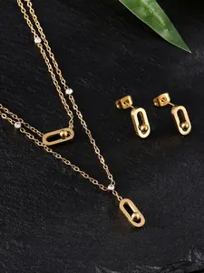 2pcs New Stainless Steel Necklace Set, Dual Layer Pendant Necklace Earrings, Simple Elegant Versatile Clavicle Chain Bracelet Jewelry, Maximalist Jewelry