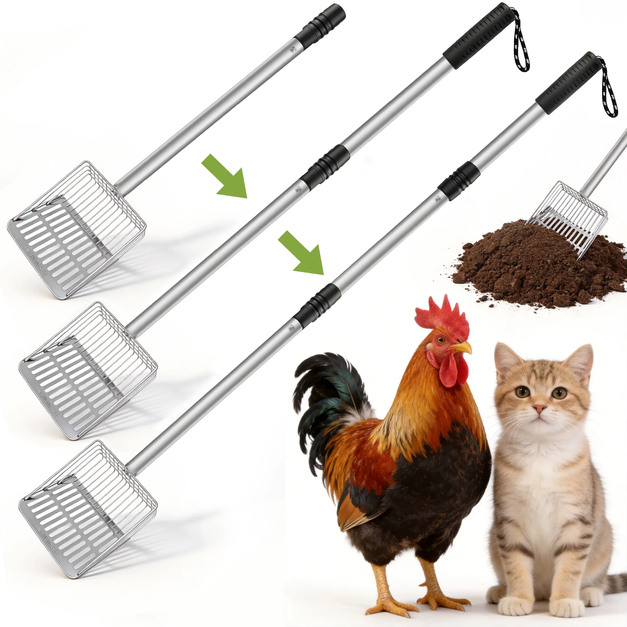 Adjustable Stainless Steel Cat Litter Scoop - 21-39 in Extendable Long Handle Sifter for Kitty Litter Boxes, Cleaning Tool for Chicken Coop