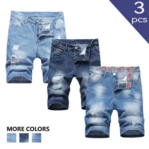 Clean Gent 3-piece men’s set: loose-fit denim shorts, ripped loose denim shorts, and straight-leg comfortable jeans. Retro fashion street style, cotton denim pants, natural hip-hop look, personalized fashion design, with multiple pockets.