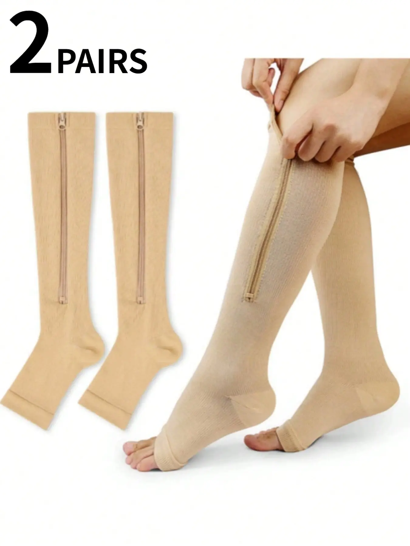 2 Pair Zipper Open Toe Sports, Travel, Breathable Compression Socks For Men Circulation & Women Pregnancy Blood Flow For Adult Medical Athletic Running Hiking Cycling, For Gym, Side Zip Knee High Socks, Active Socks, Polyester Socks
