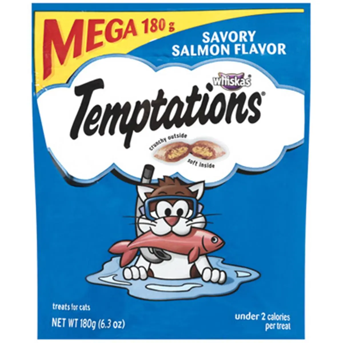 Whiskas Temptations E72301 Seafood Adult Cat Snack, 6.35 oz Savory Salmon Pouches, Low Calorie, Crunchy-Soft, 100% Nutritionally Complete