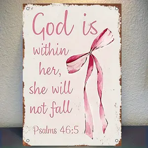 8x12 in Vintage Metal Tin Sign "God Is Within Her She Will Not Fall" - Pink Bow, Rustic Christian Wall Decor, Weatherproof Indoor/Outdoor Art, Faith-Based Gift with Elegant Script Design