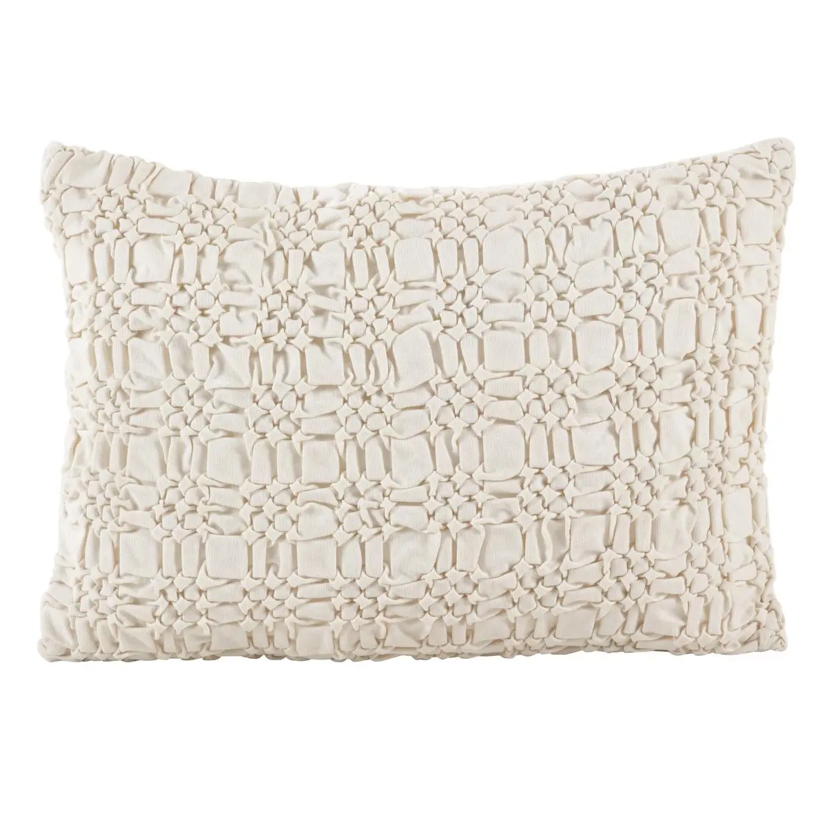 SARO 20 in. Smocked Design Cotton Down-Filled Decorative Accent Throw Cushion, Ivory Throw Cushion