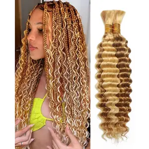 Human Braiding Hair for Boho Braids 16 Inch 2 Bundles 100g Deep Wave Bulk Human Boho Hair for Braiding 12A Virgin Curly Human Hair for Boho Knotless Braids Human Hair Bundles P27/613