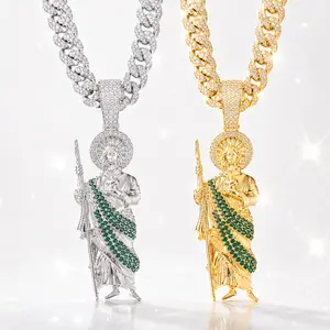 HOLDNEAR Men's Iced Out San Judas Tadeo St Jude Pendant Necklace, Green Rhinestone Religious Medallion with 20" Cuban Link Chain, Hip Hop Catholic Jewelry Gift, Men's Jewelry