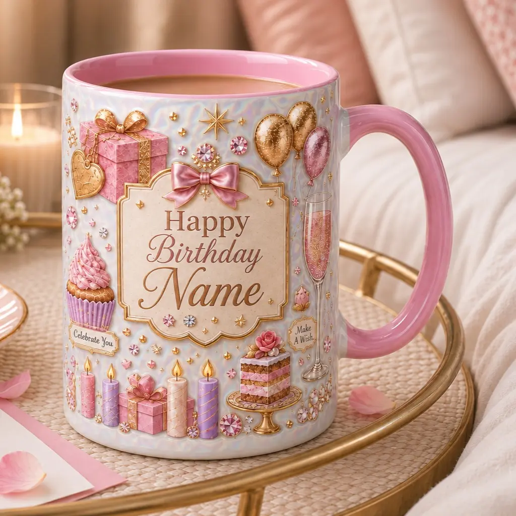 Custom Birthday Coffee Mug, 2D Printed 3D Effect Cake Balloon Graphics Ceramic Cup for Women and Girls, Personalized Birthday Keepsake Mug for Friends Sisters and Besties, Perfect Celebration Gift Idea