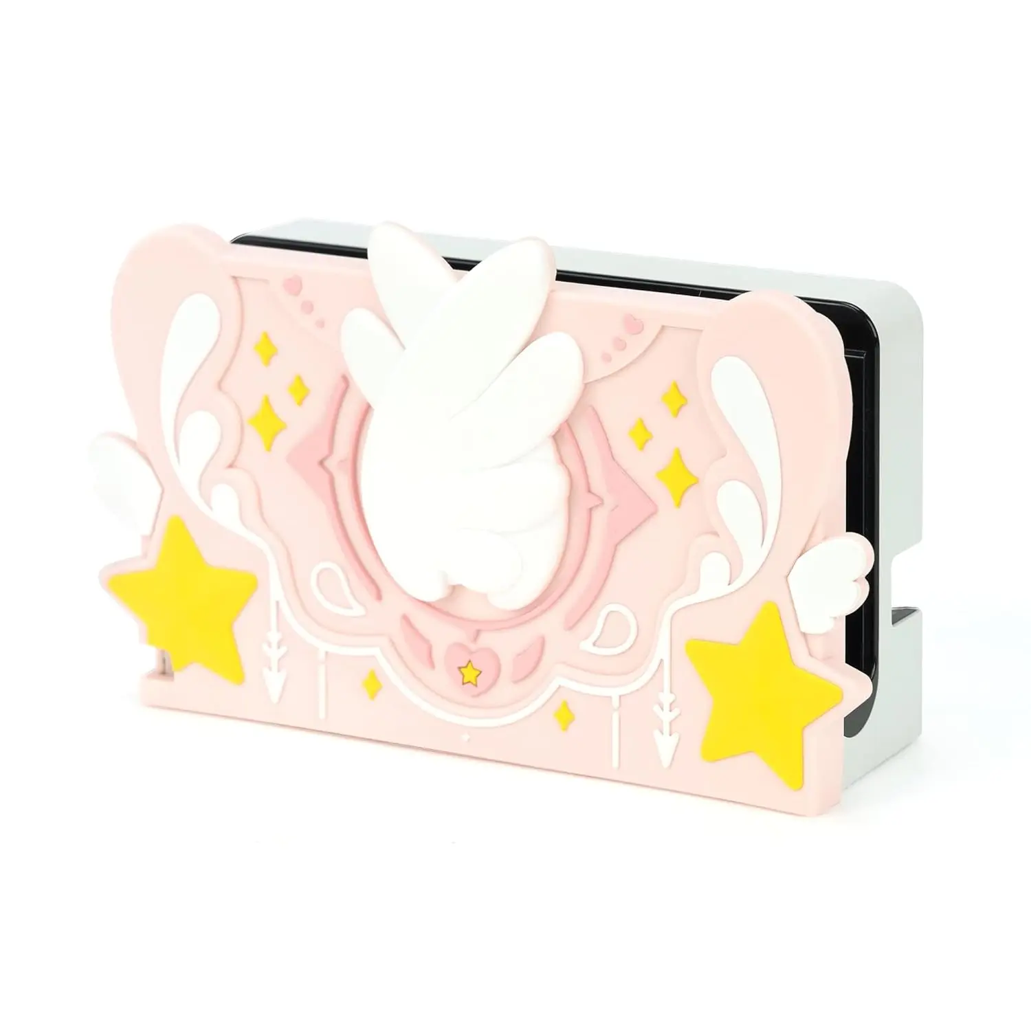 P-CLC011 Custom Soft Silicone Faceplate Shell - Star Wings Series (Pink) for Switch/OLED Charging Dock, Adhesive Soft Touch Gaming Console Accessories, Anti-Scratch Charging Dock Cover