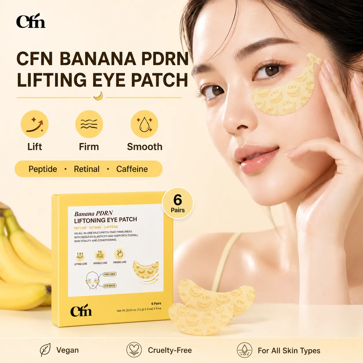 CFN Banana PDRN Liftoning Eye Patch, 6 Pairs Vegan Hydrogel Under Eye & Smile Line Patches, Firming Brightening De-Puffing Hydrating K-Beauty Eye Mask