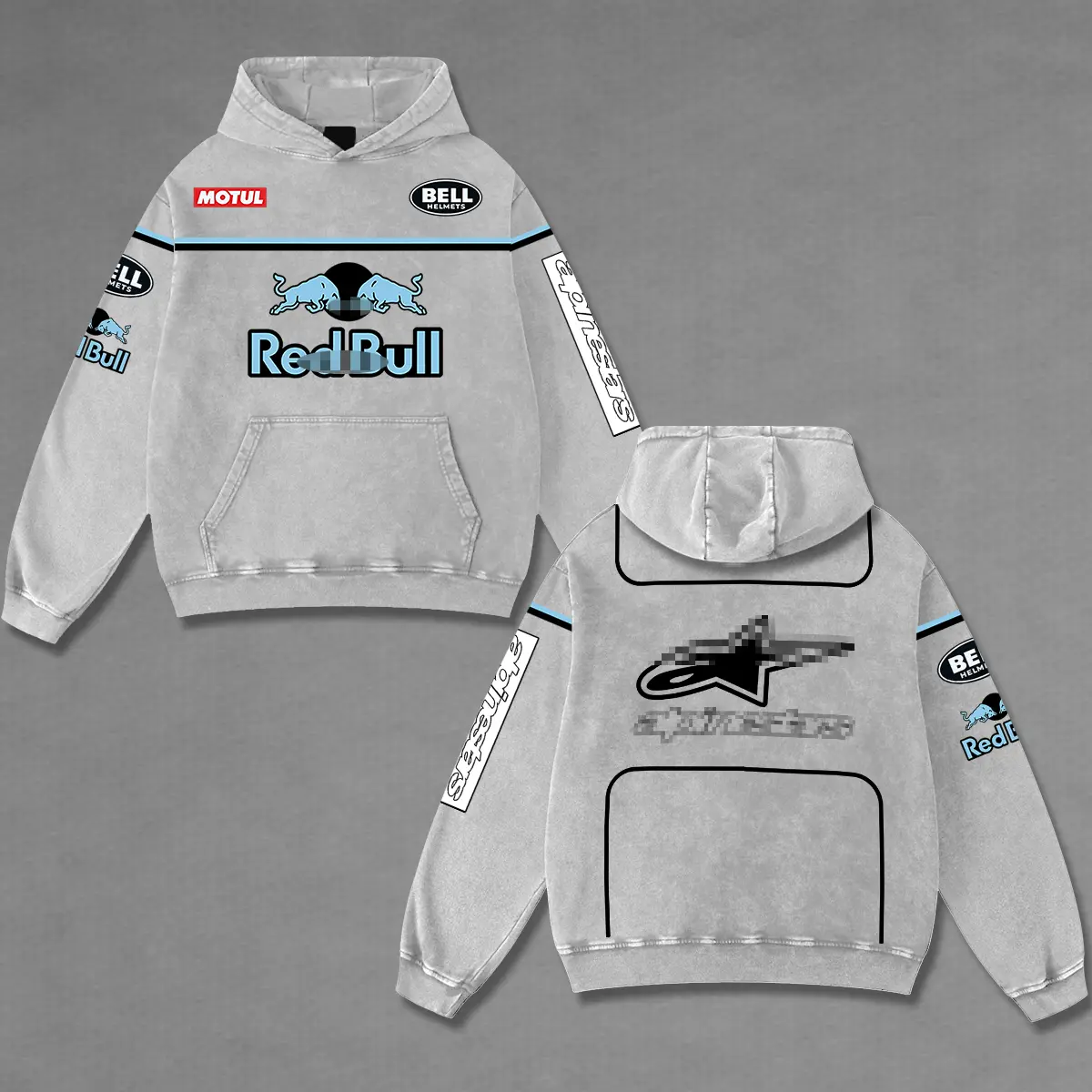 Revion - Retro Redbull White Blue x Astars Racing Acid Washed Hoodie - Vintage Motorcycle Motorsports Streetwear - Premium Cotton Dirt Bike Graphic Merch - Relaxed Fit Biker Apparel