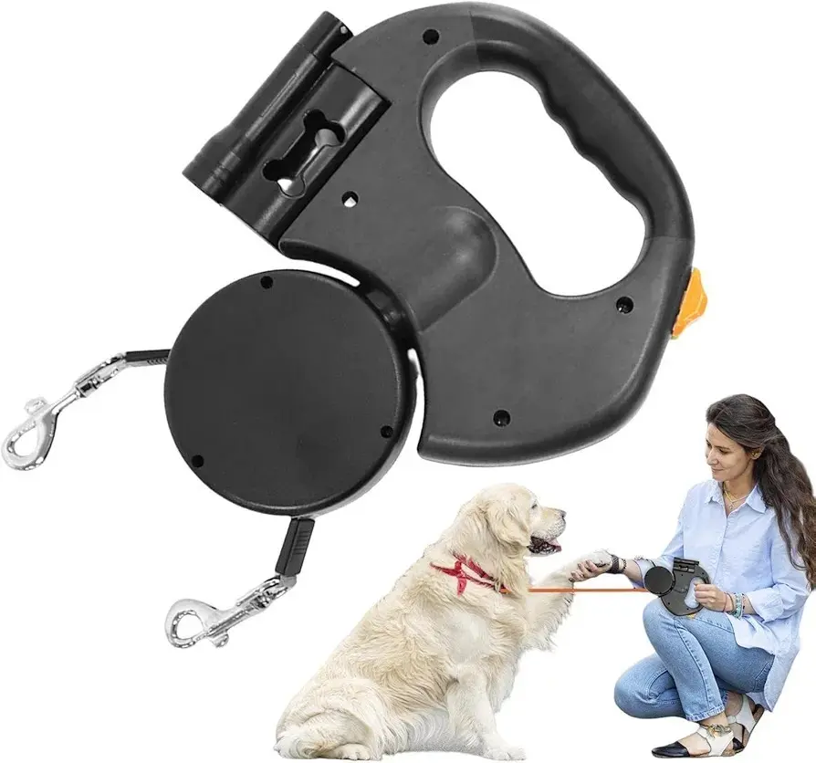 Dual Dog Leash with LED Light Retractable Tangle-Free Design for Night Walking Safety with Lock Control System Easy One-Button Lock & Unlock Control