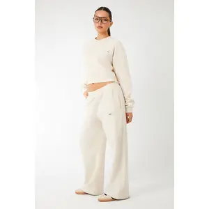 Kaiia Label Logo Rib Panel Wide Leg Joggers Cream