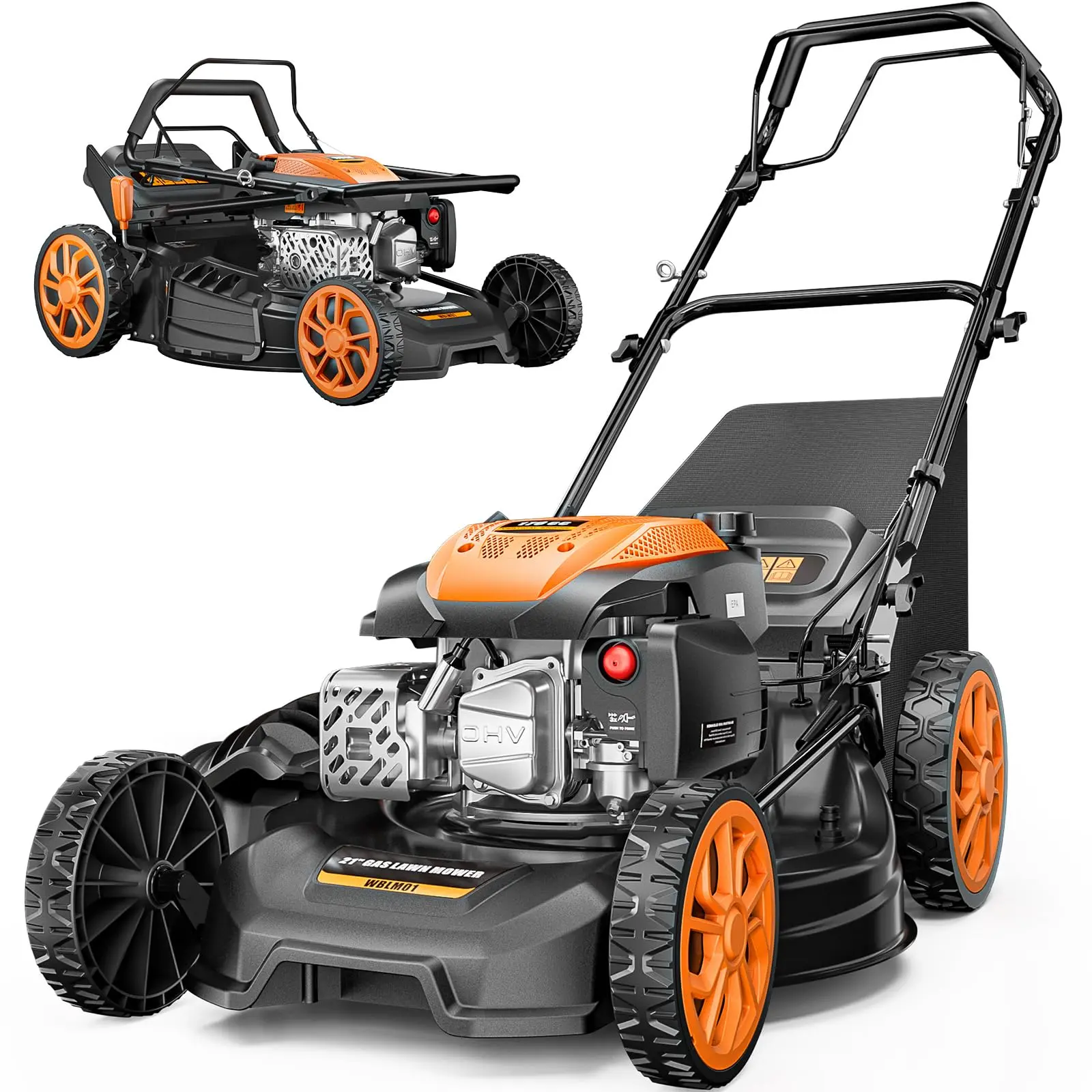 Efurden 21” Self-Propelled Gas Lawn Mover, 170CC 4-in-1 Mulch/Rear Bag/Side Discharge/Rear Discharge, Walk-Behind Lawnmower with 7-Position Cutting Height, Foldable Gas Lawn Mowers for Yard Garden