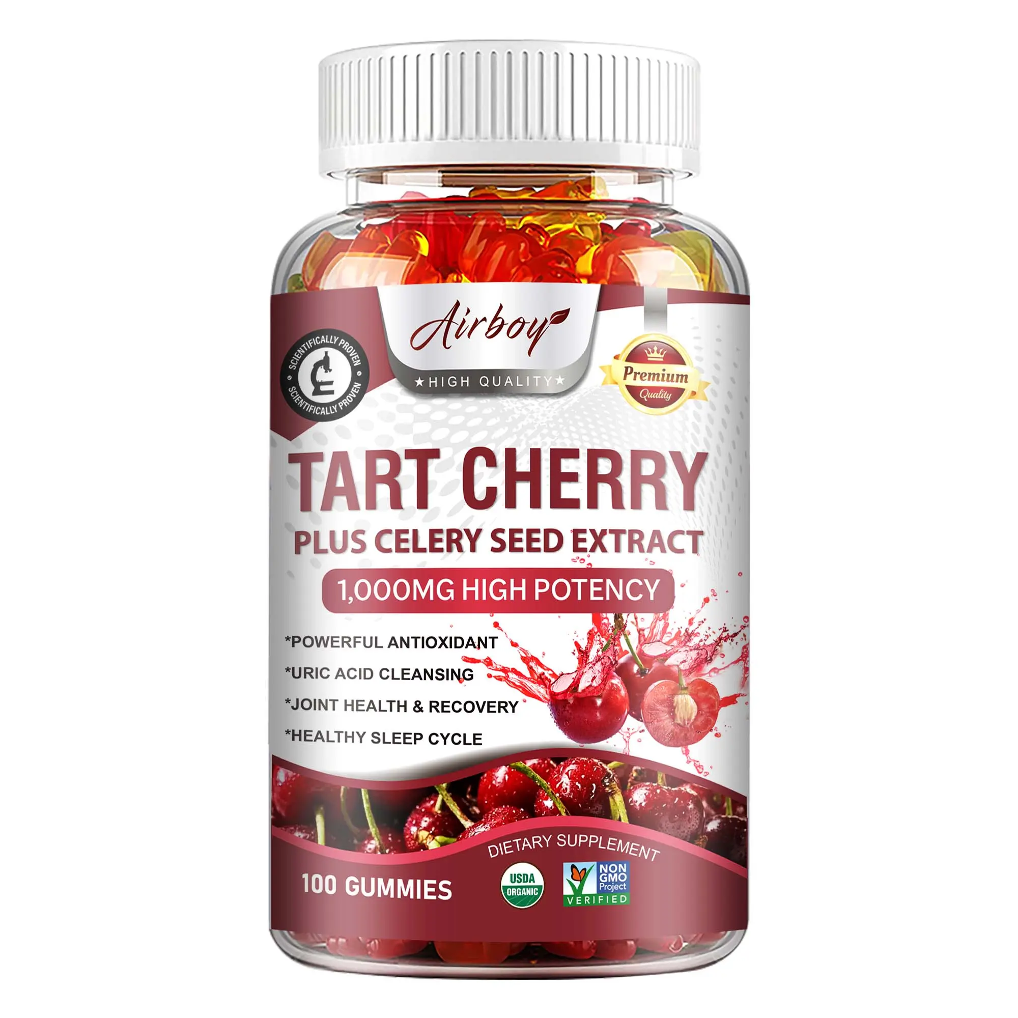 Airboy Tart Cherry Gummies Daily Dietary Supplement (1000mg Per Serving) - Edible Dietary Supplements for Uric Acid Purification, Gout Relief, Joint & Muscle Recovery Support