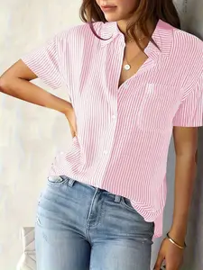 Plus Size Loose Stripe Button Down Shirt Blouse, Short Sleeve, Collared Neck, Chest Pocket, Curvy Casual Wear, Tummy Hiding