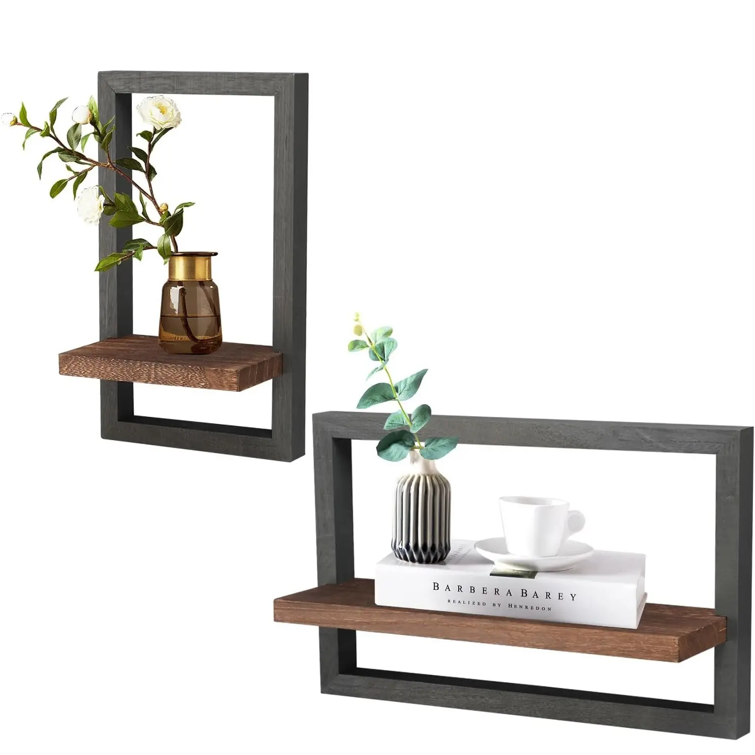 2-Piece Solid Wood Square Frame Floating Shelf Set - Wall-Mount Organizer, Room Accessories, Home Decor for Wall, Floating Look, Living Room Decorations, Plant Display Spot