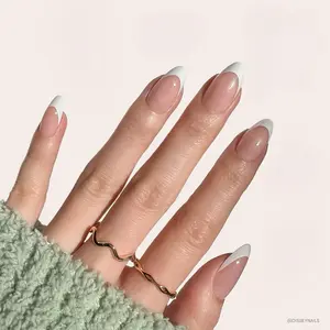 Short Almond French Tip Press On Nails, UV Glossy Finish Semi-Transparent Fake Nails, Salon-Grade Reusable Manicure Kit