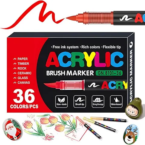 36-Piece Acrylic Paint Brush Marker Pen Set - Waterproof Single-Headed Art Supplies with Soft Flexible Tip, Specialty Kitchen Utensils & Gadgets, Office Utensils for Glass & Wood, Acrylic Paint Pens