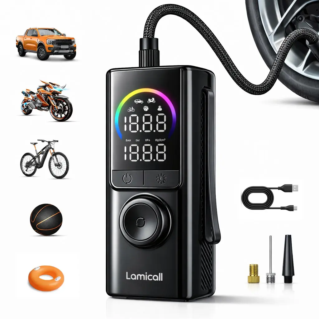 Lamicall Ruxacty Upgraded Portable Wireless Tire Inflator 150PSI Car Tire Pumps - Digital Air Compressor with Pressure Gauge, LED Light, Auto Shut Off, Large Capacity Battery for Cars, Bicycles, Inflatables
