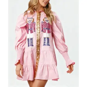Women's Holiday Sequin Dress Nutcracker Graphic Shirt Dress Christmas Skirt & Cute Festive Clothing with Sparkling Sequins and A-line Tiered Skirt